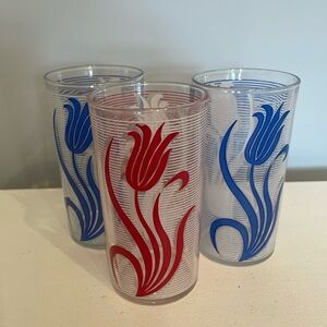 Hazel atlas glass set of 3 drinking glasses red & blue